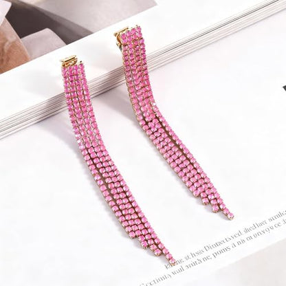 Rhinestone Clip on Earrings for Women Gold/Silver Prom Dresses 2026 Sparkly Chandelier Long Earrings Wedding Guest Jewelry - color: Pink Clip on