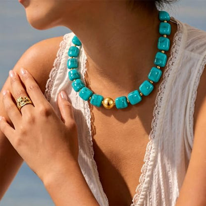 VIBILIA Boho Beaded Chunky Statement Necklace for Women Y2K Summer Jewelry | Boho Handmade Large Resin Bead Strand, Trendy Statement Summer Vacation Holiday Jewelry - color: Square-Turquoise