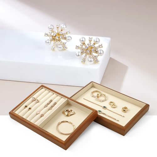 Oirlv Wood 6-Compartment Jewelry Tray | Solid Wood Frame, Soft Microfiber Lining, Holds Rings/Earrings/Bracelets, Sturdy and Attractive, Great for Drawers - color: Cream, size: 6 grid