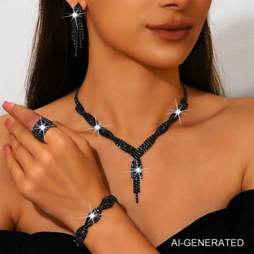 Sixexey Rhinestone Jewelry Set Wedding Jewelry Prom Costume Necklace Jewelry for Women - color: Black