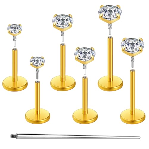 Gotumo 20G 18G 16G Flat Back Earrings Stud Nose Ring Titanium Internal Thread Tragus Labret Cartilage Lip Medusa Conch Body Piercing Jewelry Nose Stud Hypoallergenic for Women Men - color: Gold, size: 18G Bar-6/7/8mm & CZ-2/3/4mm