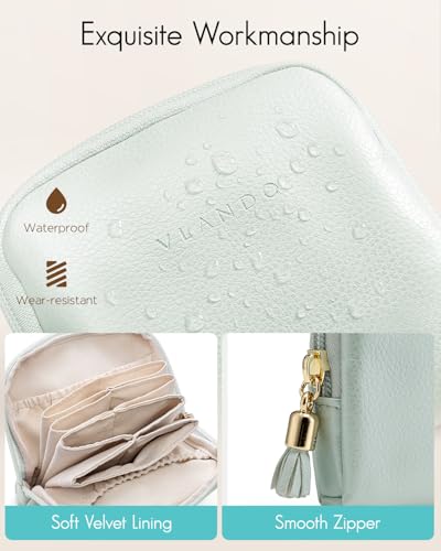 VLANDO Small Travel Jewelry Case,Velvet Pouch Bags with Zipper,Mint Green | Travel Essentials,PU Leather Organizer with 5 Divided Sections,Carry-On Totes,Gift for Birthday,Bride,Bridesmaid,Women,Girls - color: B.Mint Green