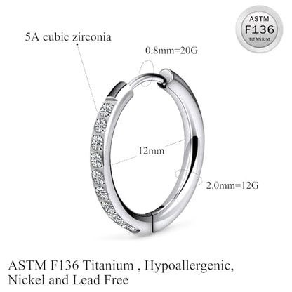 ASTM F136 Titanium Hoop Earrings for Women Small Huggie Hoop Earrings Hypoallergenic Helix Conch Cartilage Hoops Cubic Zirconia Cuff Earring Piercing Jewelry For Women Sensitive Ears 20G 18G - size: 20G - Inner Dia.:12mm