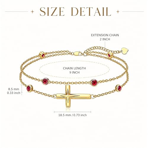 Midari 18K Yellow Gold Gemstone Birthstone Anklet Bracelet Cross Jewelry with 12 Months Birthstone Birthday Gifts for Women Wife Her Daughter Mom - color: 01-Jan-Garnet, size: Anklet 9"-11"