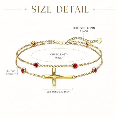 Midari 18K Yellow Gold Gemstone Birthstone Anklet Bracelet Cross Jewelry with 12 Months Birthstone Birthday Gifts for Women Wife Her Daughter Mom - color: 01-Jan-Garnet, size: Anklet 9"-11"