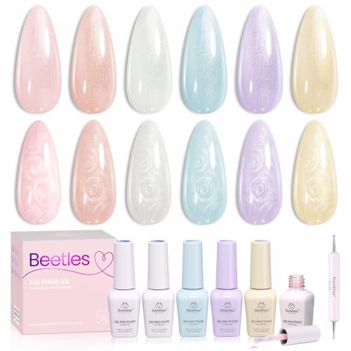 Beetles Gel Nail Polish Set- Creamy Twist 6 Colors Pearlescent Gel Polish | with Dotting Pen Soak Off UV/LED Nail Polish Gel Home Salon Manicure Nail Gel Gift for Women - color: Creamy Twist