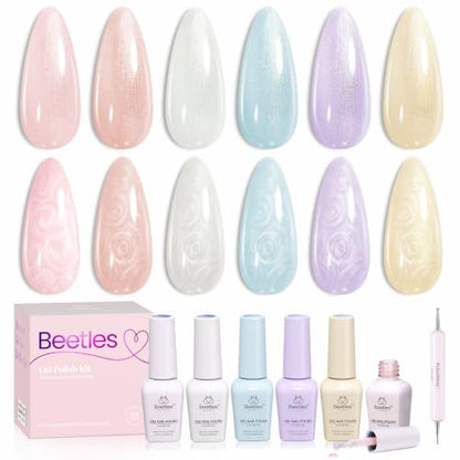 Beetles Gel Nail Polish Set- Creamy Twist 6 Colors Pearlescent Gel Polish | with Dotting Pen Soak Off UV/LED Nail Polish Gel Home Salon Manicure Nail Gel Gift for Women - color: Creamy Twist