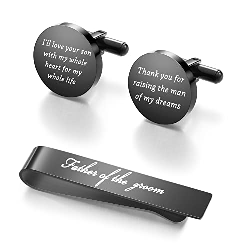 Jeka Father of The Bride/Groom Wedding Gifts Tie Bars & Cufflinks | Wedding Tie Bar & Cufflinks Set for Men, Father of the Bride, Father of the Groom, Father-in-Law Gifts - style: Father of The Groom-Black