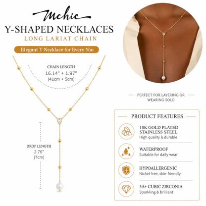Mchic Gold Necklace for Women Dainty Long Lariat Necklace 18K Gold/Silver Plated Y-Shaped Pendant Necklaces Minimalist Layered Drop Necklaces Trendy Jewelry Gift - color: Gold4