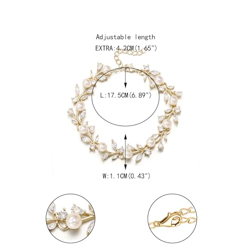 EVER FAITH Gorgeous Cubic Zirconia Pearl Wedding Link Bracelet for Bride | Marquise Teardrop Crystal Bridal Prom Jewelry, for Women Bridesmaids - style: Vine_Gold-Tone
