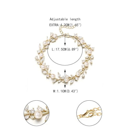 EVER FAITH Gorgeous Cubic Zirconia Pearl Wedding Link Bracelet for Bride | Marquise Teardrop Crystal Bridal Prom Jewelry, for Women Bridesmaids - style: Vine_Gold-Tone
