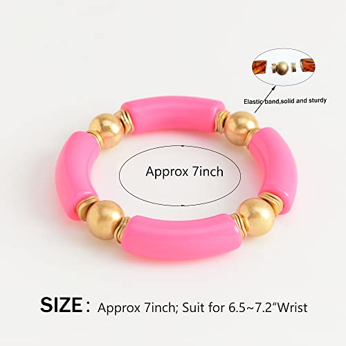 LALAPPLE Gold Plated Beaded Acrylic Bamboo Tube Bangle Bracelets for Women, Colorful Chunky Curved Tube With Gold Plated Pieces Beads Stretch Bracelet Friendship Summer Beach Jewelry - color: P-Orange&Watermelon red 2pcs