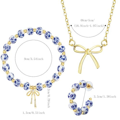 NEWITIN 2 Pieces Summer Beach Jewelry for Women Chunky Beaded Necklace Bracelet Trendy Big Resin Beaded Choker Boho Charm Statement Colorful Jewelry Set for Women - color: Gold Bow B