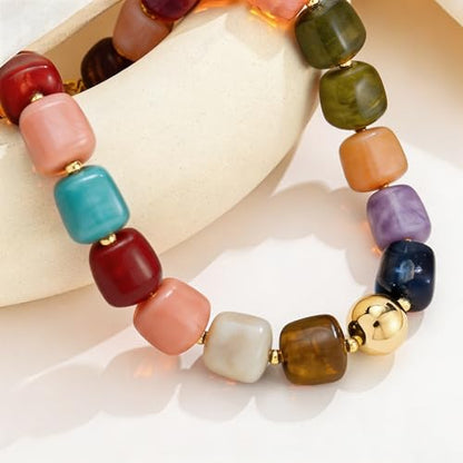 Colorful Statement Chunky Beaded Necklace for Women Trendy Y2K Boho Choker | Large Square Resin Beads Bold Summer Vacation Jewelry - color: Colorful