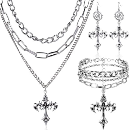 Tondiamo 3 Pcs Gothic Jewelry Set Cross Necklace for Women Goth Earrings Bracelet Layered Y2k Choker Costume Accessory - color: Silver, style: Gothic Cross