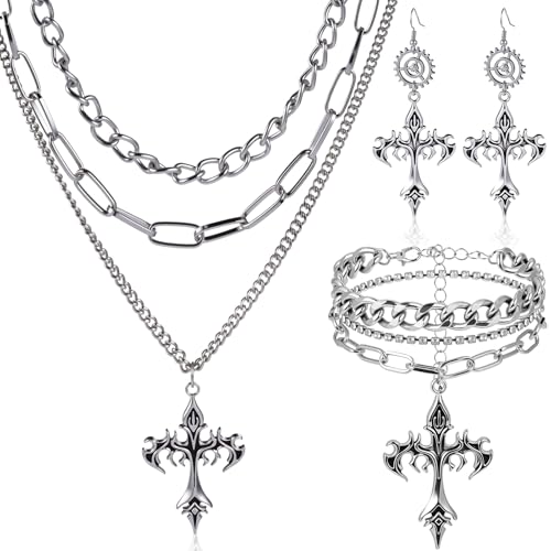 Tondiamo 3 Pcs Gothic Jewelry Set Cross Necklace for Women Goth Earrings Bracelet Layered Y2k Choker Costume Accessory - color: Silver, style: Gothic Cross