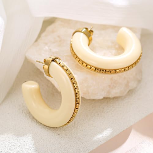 Gold Plated Resin Chunky Hoop Earrings Hypoallergenic Push Back Hoops for Sensitive Ears - color: Creamy
