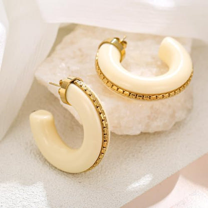 Gold Plated Resin Chunky Hoop Earrings Hypoallergenic Push Back Hoops for Sensitive Ears - color: Creamy