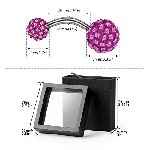 2-Piece 14G Belly Button Rings, Rhinestone Disco Balls | Hypoallergenic stainless steel with 5mm top and 8mm bottom rhinestone balls, gift-boxed navel piercing jewelry for women - color: Purple