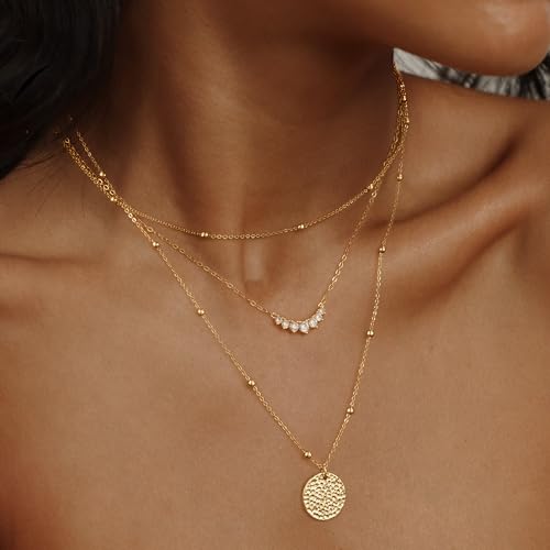 Layered Gold Silver Necklaces for Women, Stackable Stack 14K Real Gold Plated Silver Chain Necklace Diamond Circle CZ Layering Pendant Necklaces Trendy Gold Jewelry Set Gifts - color: gold, style: 3PC-CZ