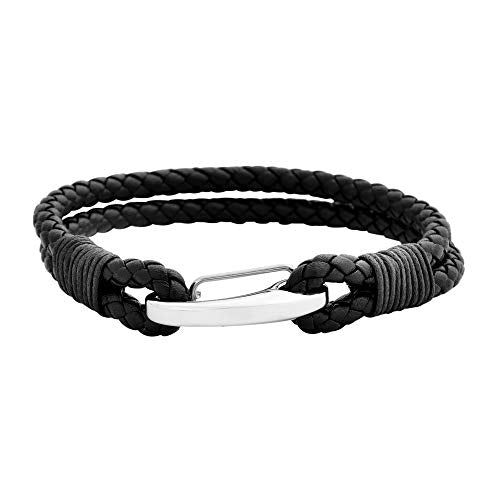 Edforce Braided Genuine Leather 2-Strand Cuff Bracelet with Stainless Steel Clasp - color: Black