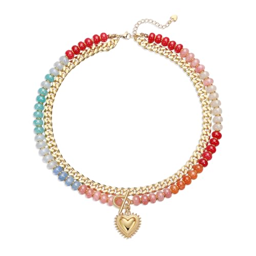 GINAZL Natural Stone Beaded Layered Necklaces for Women, 14K Gold Plated Heart Pendant,Chunky Colorful Beaded Choker Necklace, Trendy Summer Beach Necklace for Women Hypoallergenic Summer Beach Jewelry Gifts for Women - color: Red ＆ Pink