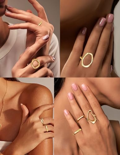 Fxiqini 12Pcs Gold Stackable Rings 18K Gold Plated Chunky Knuckle Finger Ring Geometric Bead Cloud Wave Flower Hollow Statement Bands Signet Open Rings for Women Adjustable Size 4-9 - color: A-Gold