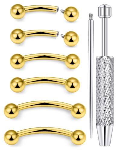 Internally Threaded Eyebrow Piercing Jewelry Surgical Steel Tiny Eyebrow Rings Vertical Labret Lip Jewelry Small Ear Rook Earring for Women Men 18g 16g 14g Plus Piercing Ball Grabber Tool - color: goldtone, size: 18g,ball end