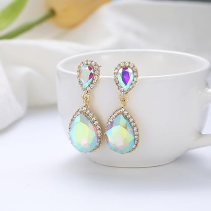 EVER FAITH Women's Austrian Crystal Wedding Tear Drop Dangle Earrings | Bridal Prom Jewelry for Bride Bridesmaid - color: Iridescent AB Gold-Plated-Base