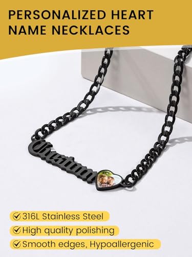 GoldChic JEWELRY Name Necklace Personalized for Men, Womens Custom Name Plate Chain, Stainless Steel Customized Old English Nameplate Choker with Curb Chains Custom, 16 inches to 30 inches - color: Photo & Cuban Chain 6 mm -Black