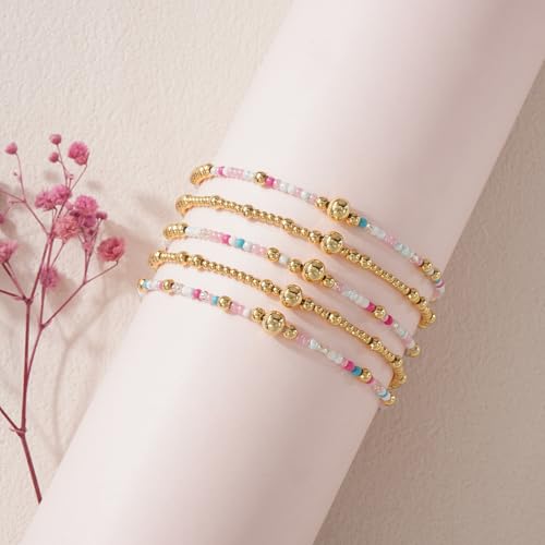 Colorful Gold Plated Stackable Ball Seed Beaded Bracelets Set For Women, Boho Handmade Romantic Stretch Accessories Jewelry, Daily Wear Holiday Party Friendship Gift - color: White Rice