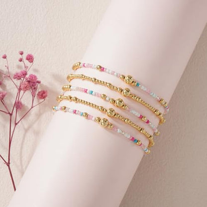 Colorful Gold Plated Stackable Ball Seed Beaded Bracelets Set For Women, Boho Handmade Romantic Stretch Accessories Jewelry, Daily Wear Holiday Party Friendship Gift - color: White Rice