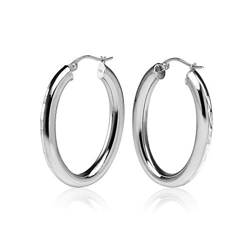 Hoops & Loops 925 Sterling Silver 4mm Thick Oval Diamond-Cut Hoop Earrings, 25mm 30mm, Silver, Yellow Gold, Rose Gold & Black - color: Silver 25mm-1''