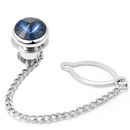 Tie Pins for Men Silver Tie Pins with Chain, Tie Tack Pins Brooch Personalized Wedding Business Gifts - color: Blue crystal