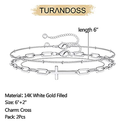 Dainty Gold Bracelets for Women, 14K Gold Plated Adjustable Layered Beads Bracelet Cute Evil Eye Oval Chain Pearl Bar Turtle Gold Bracelets for Women Jewelry - style: Beads Chain&Cross-Silver