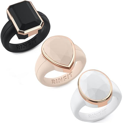 Patented Metal-Framed Silicone Rings - Emerald Collection - color: Pack Q - Black, Nude, and White / Metal Rose Gold