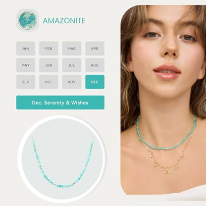 ARSIS Genuine Beaded Gemstone Necklace for Women, Colorful Natural Stone Handmade Bead Choker, Personalized Birthstone Necklace, Boho Summer Beach Necklace Layering Stackable Jewelry Gift - color: Amazonite (December)