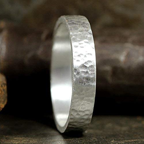 925 Sterling Silver Wedding Ring Hammered Flat Pipe Cut Textured Thick & Durable Handmade Unisex Mens & Women Rustic Engagement Promise Band - US Size 4-13 - Custom Engraving - color: 01 - 4mm Silver