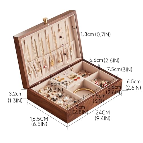 Walnut Wooden Jewelry Box for Women, Magnolia Oil Painting Decor | Small Jewelry Organizer,7 Necklace Hooks, Velvet-Lined, For Watches Rings Earrings Necklace Bracelets, Ideal Gift for Her - style: 1 Layer B