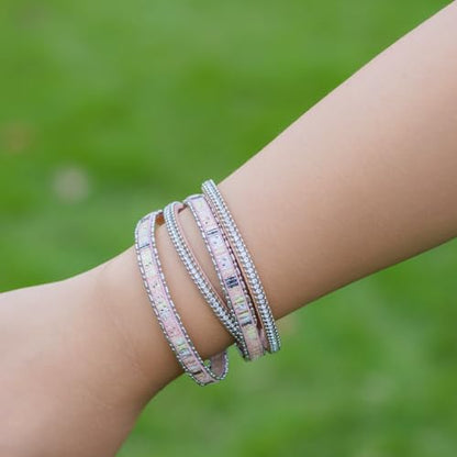 Boho Double Wrap Leather Bracelets Stackable Layered Western Hippie Jewelry | Colorful Stacked Bohemian Statement Chunky Magnetic Clasp Cuff Bangles Cowgirl Country Summer Beach Outfits for Women Trendy - color: Pink