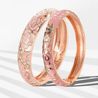 UJOY Cloisonne Bangle Colorful Enamel Filigree Rose Flower Hollowed Crystal Bracelet for Women Gifts 88A09 - color: C06-2 Pcs Set/Rose-Cream Pink