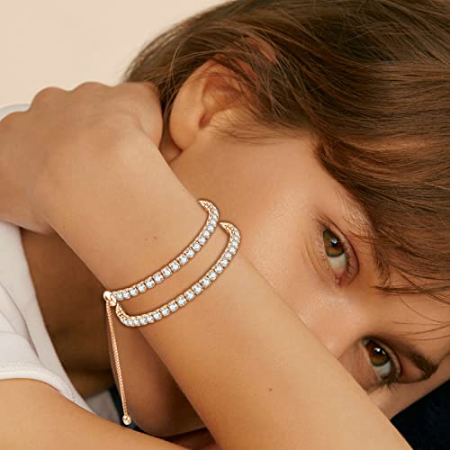 2 Pcs Tennis Bracelets for Women 14K Gold Plated AAA+ Cubic Zirconia CZ Diamond Classic Adjustable Slider Bracelet Fashion Jewelry Wedding Gift Size 6.5-7.5 Inch - color: Rose Gold, size: 7.5 Inches