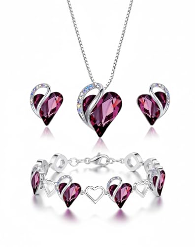 Leafael Necklace Gift Set for Women, Infinity Love Birthstone Heart Pendant with Matching Earrings and Bracelet, for Mom and Wife, Silver Plated - color: 02a-Set-February-Amethyst Pink