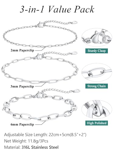 FaithHeart Waterproof Ankle Bracelets for Women, 1/2/3Pcs Non Tarnish Stainless Steel Layered Anklet Set Paperclip Figaro Cuban Link Chain Dainty Summer Beach Jewelry Gift Adjustable Size - style: d.Paperclip 3Pcs - Silver