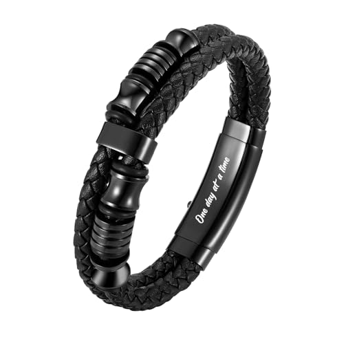 VNOX Men's Inspirational Mantra Engarved Handmade Braided Leather Adjustable Cuff Bangle Bracelet Encouragement Motivational Gift for Men - style: Black-Metal-Bead