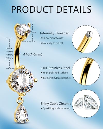 Belly Button Ring Dangle Belly Rings 316L Surgical Steel Belly Button Piercing Jewelry Teardrop Navel Ring for Women - color: Gold-CLCZ-12mm