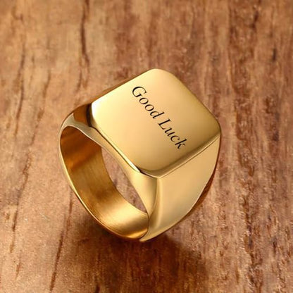 Stainless Steel Square Signet Rings for Men Women Gold/Silver Plain Pinky Thumb Ring, Gift for Dad Husband - color: Square Gold-Custom