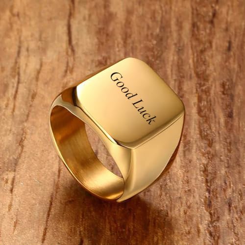 Stainless Steel Square Signet Rings for Men Women Gold/Silver Plain Pinky Thumb Ring, Gift for Dad Husband - color: Square Gold-Custom