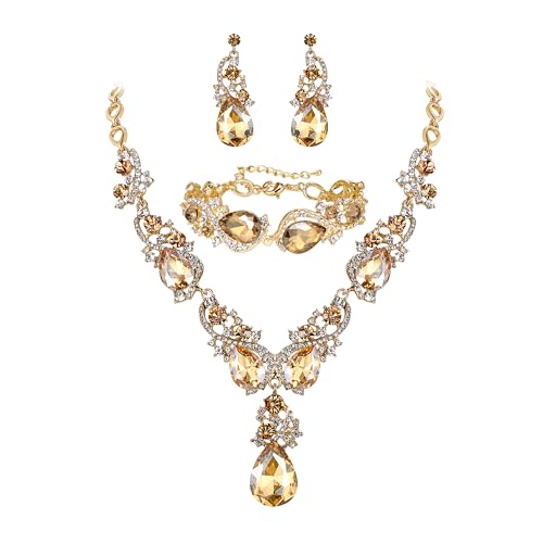 Wedding Bridal Jewelry Set for Women Prom Party Accessories | Shiny Multi Teardrop Cluster Crystal Statement Necklace Dangle Earrings Link Bracelet Set for Bride Bridesmaid - color: Champagne Gold-Plated-Base