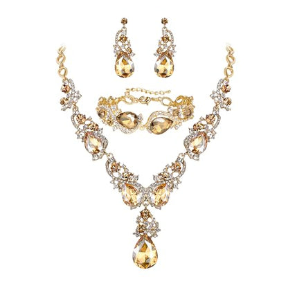 Wedding Bridal Jewelry Set for Women Prom Party Accessories | Shiny Multi Teardrop Cluster Crystal Statement Necklace Dangle Earrings Link Bracelet Set for Bride Bridesmaid - color: Champagne Gold-Plated-Base